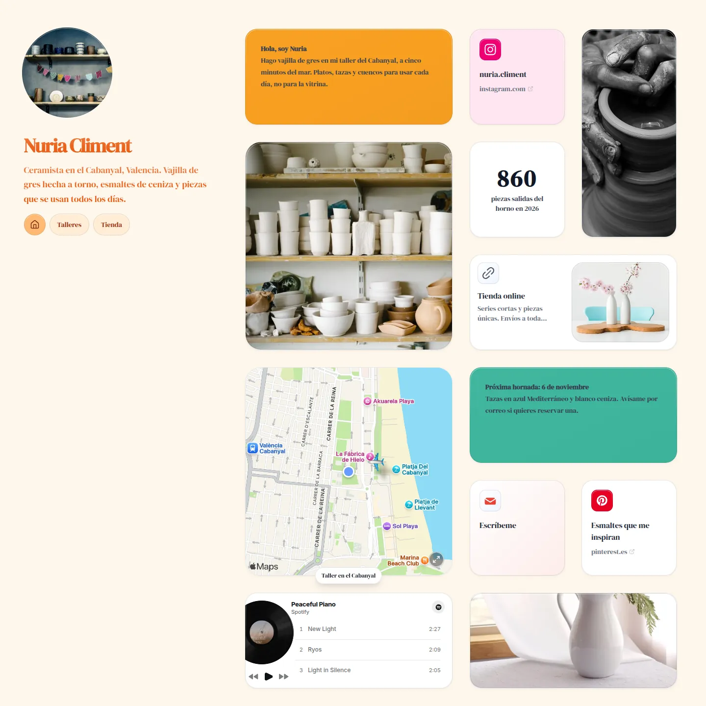 Página de Kasbu de Nuria Climent, ceramista ficticia de Valencia, con un grid de fotos, Instagram, mapa, Spotify y enlaces