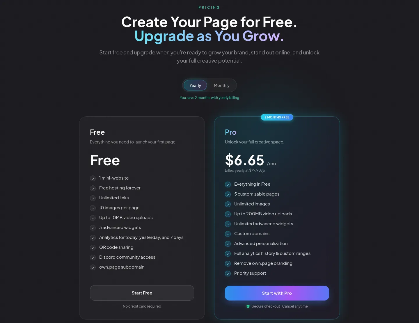 own.page pricing: Free plan with 1 mini website, unlimited links, 10 images per page, videos up to 10 MB and 3 advanced widgets, and Pro at 6.65 dollars a month, billed at 79.90 dollars a year