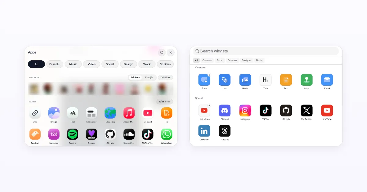 Kasbu's Apps menu with the tabs All, Essentials, Music, Video, Social, Design and Work next to Avely's widget picker with the tabs All, Common, Social, Business, Designer and Music
