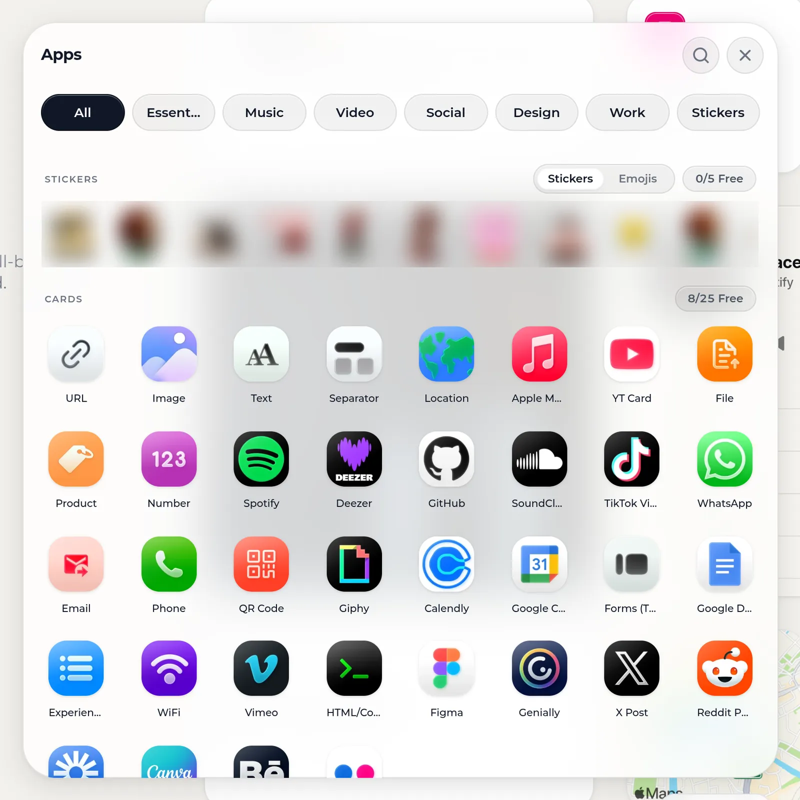 KasbuのAppsメニュー。All、Essentials、Music、Video、Social、Design、Work、Stickersのタブと、URL、Image、Text、Location、Apple Music、Spotify、Deezer、SoundCloud、GitHub、Calendly、Figmaなどのアプリアイコンのグリッド