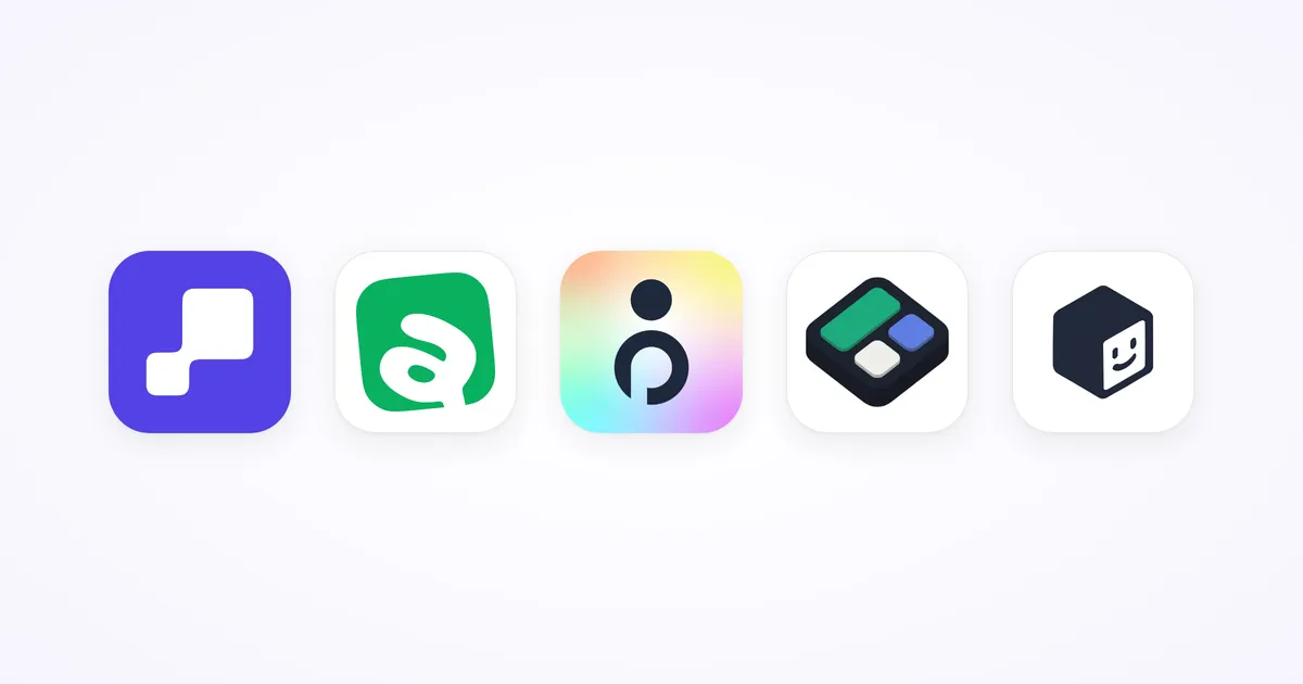 Fünf App-Icons in einer Reihe auf hellem Hintergrund: Kasbu, Avely, own.page, Taap und Tini, die Grid-Tools aus diesem Vergleich