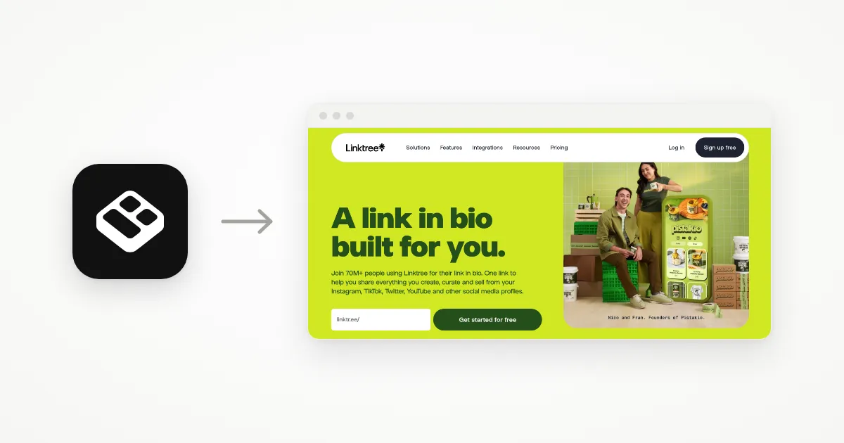 The Bento logo, an arrow and a browser window showing Linktree's homepage: the screen you land on today when you open bento.me