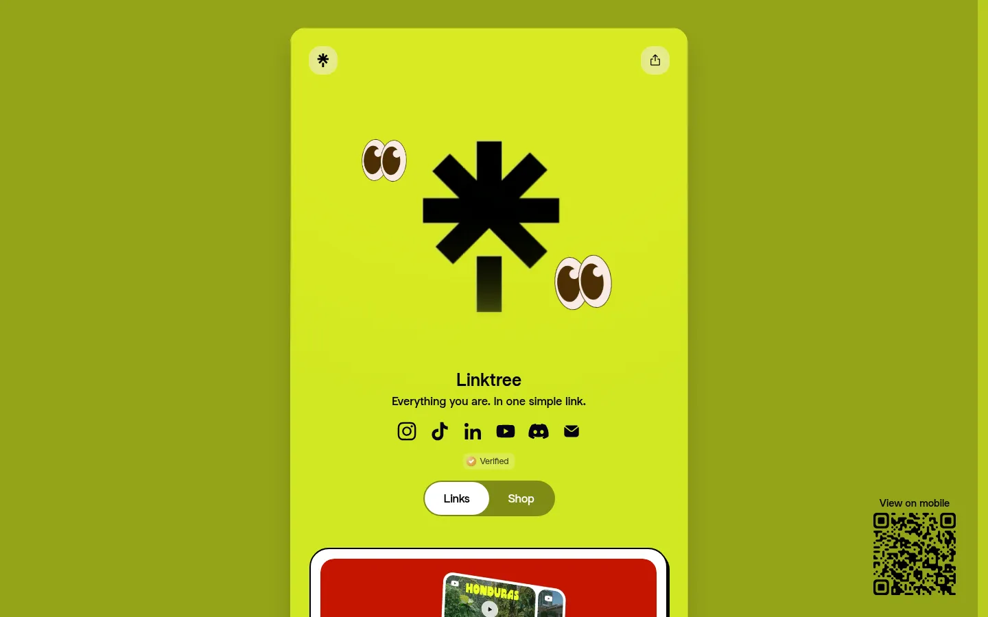 Das Profil von Linktree selbst unter linktr.ee/linktr.ee: das Logo, eine Reihe Social-Media-Icons und die Tabs Links und Shop über einer einzigen Spalte mit Links