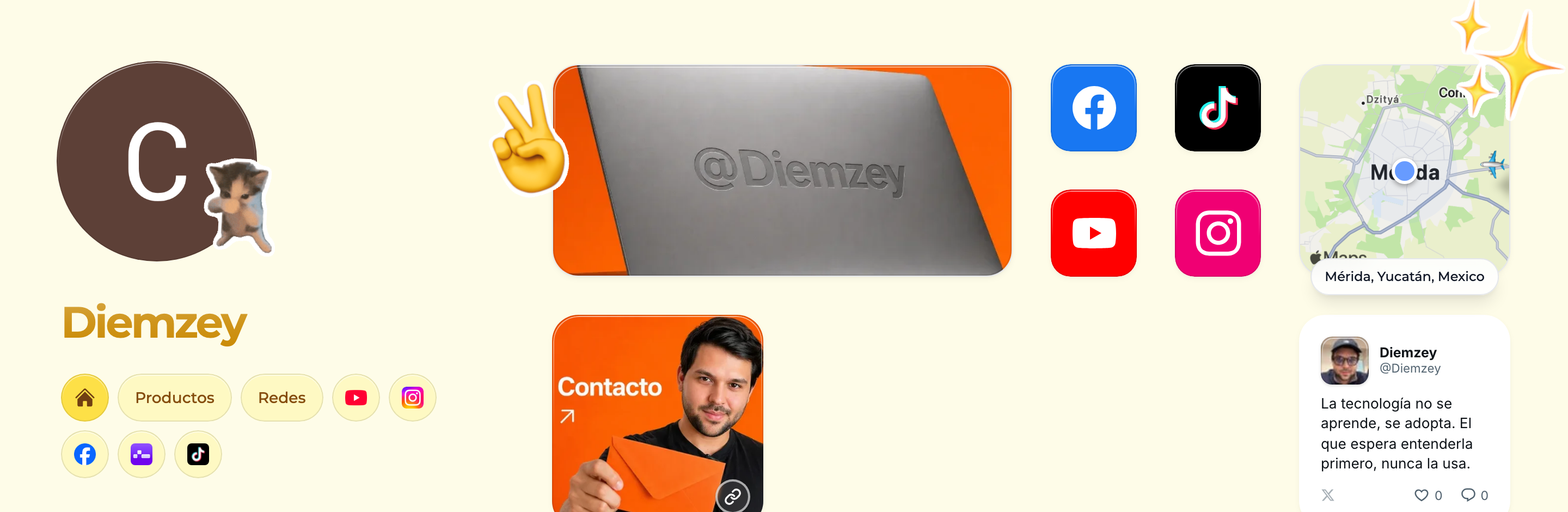 Página do Kasbu em formato de grade: cards de tamanhos diferentes com foto, mapa, redes sociais e um post incorporado