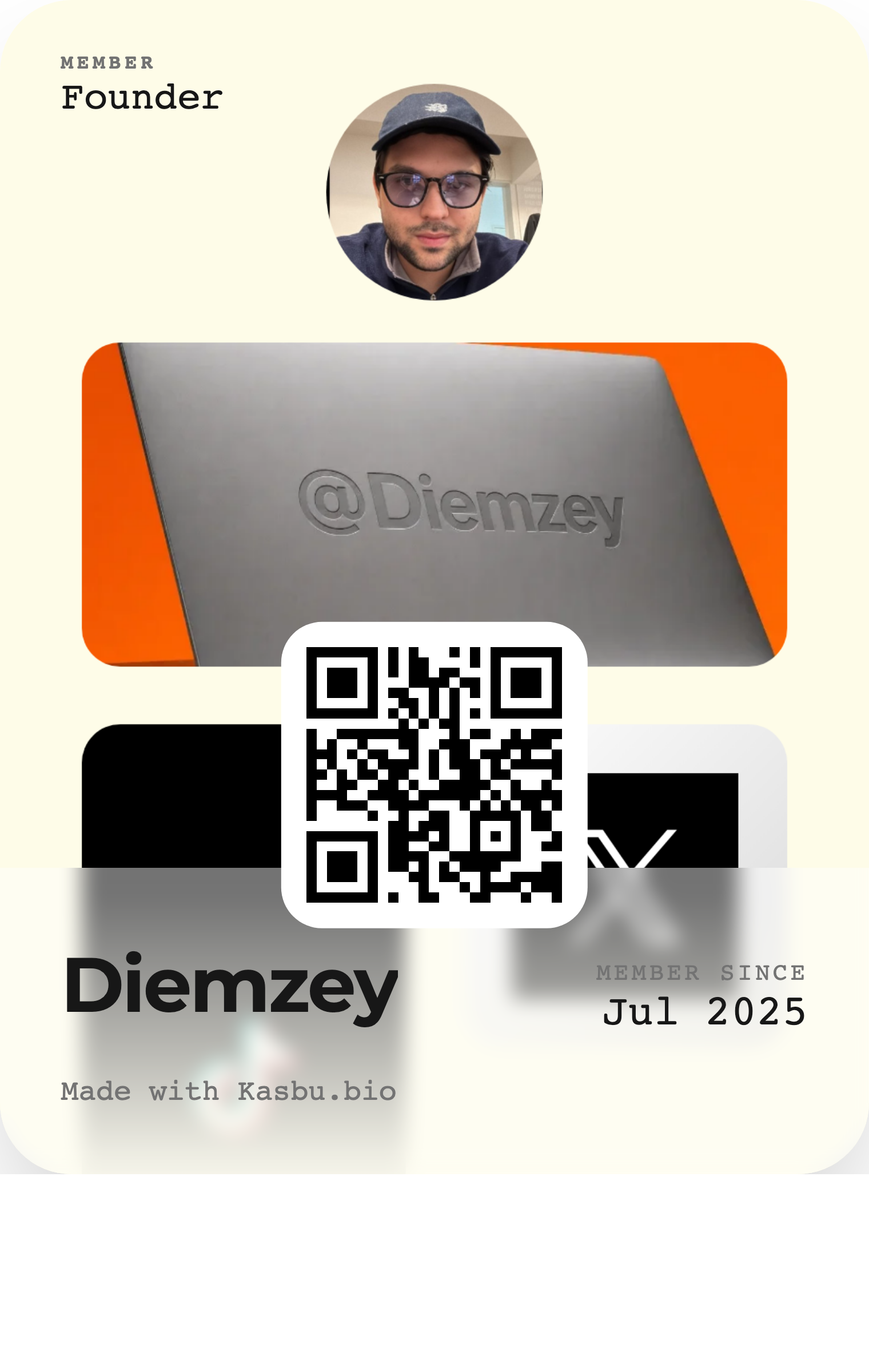 Passe do Kasbu com o QR code do perfil, pronto para salvar na carteira do celular ou imprimir