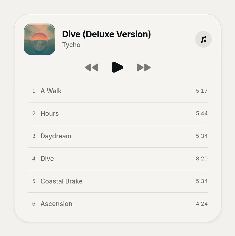 Kasbu 为 Tycho 的专辑 Dive (Deluxe Version) 绘制的 Apple Music 播放器,包含封面、播放按钮和前六首歌
