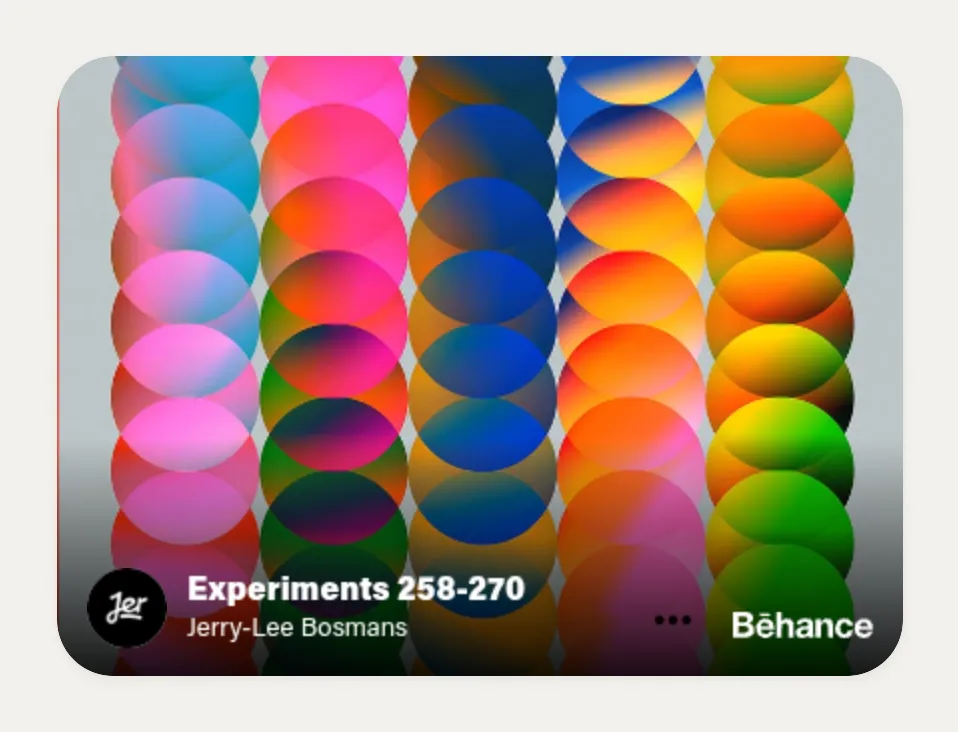 一张嵌入了 Jerry-Lee Bosmans 作品 Experiments 258-270 的 Kasbu Behance 卡片,画面是一排排彩色渐变球体