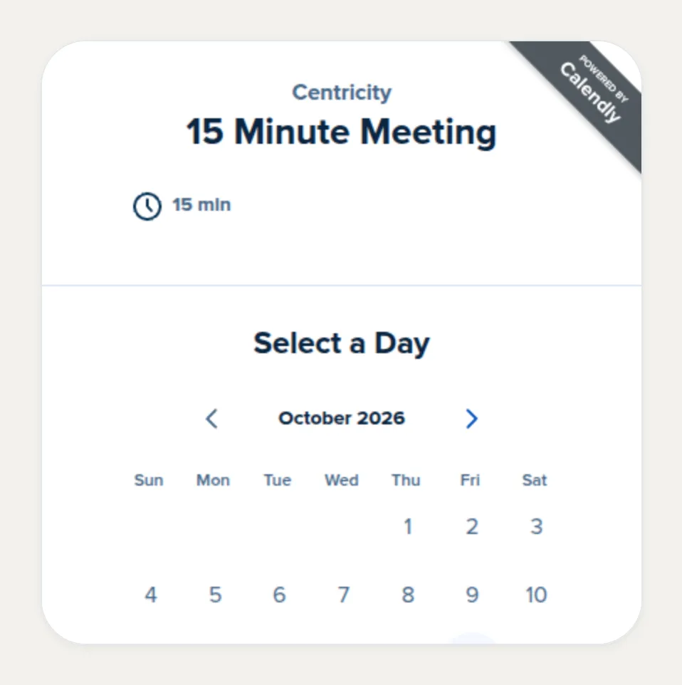 Kasbu Calendly card embedding a 15 Minute Meeting booking page with an October 2026 calendar to pick a day