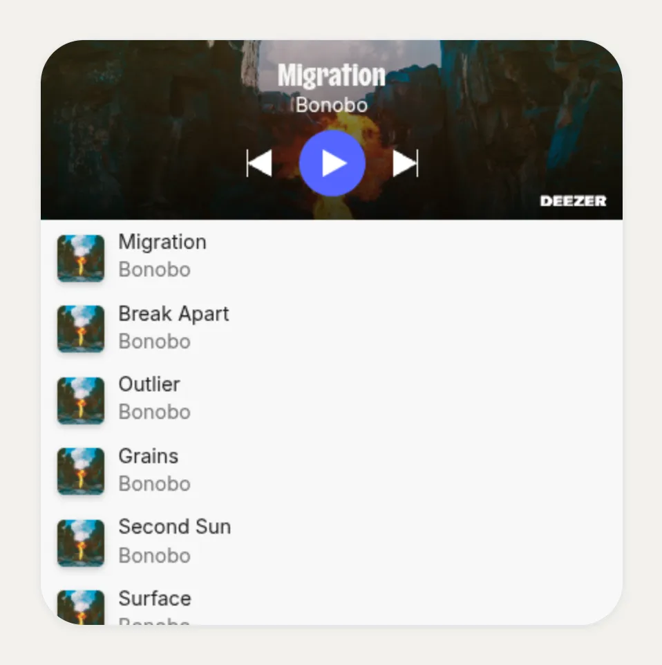 Kasbu Deezer card embedding the album Migration by Bonobo, with a play button and the track list