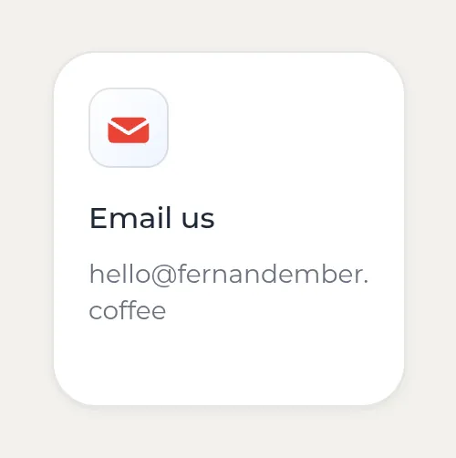 Kasbu Email card with a red envelope icon, the title Email us and the address hello@fernandember.coffee