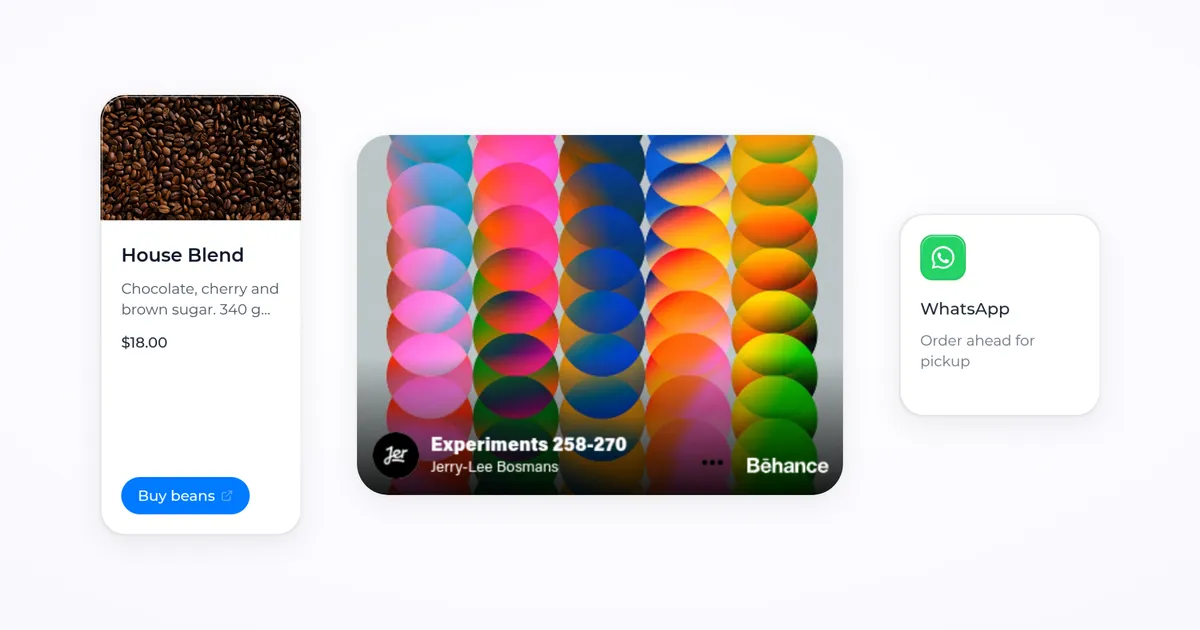 A tilted wall of Kasbu card icons such as Spotify, YouTube, WhatsApp, GitHub, Calendly and TikTok, with a label reading 36 card types, free