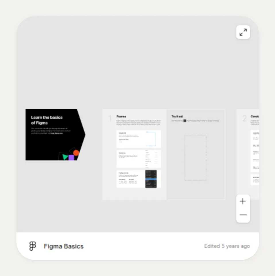 一张嵌入了 Figma Basics 文件的 Kasbu Figma 卡片,画面放大到封面“Learn the basics of Figma”和第一课“Frames”,右侧是缩放按钮