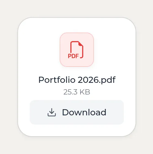一张 Kasbu 文件卡片,带有 PDF 图标、文件名 Portfolio 2026.pdf、25.3 KB 的大小和一个 Download 按钮