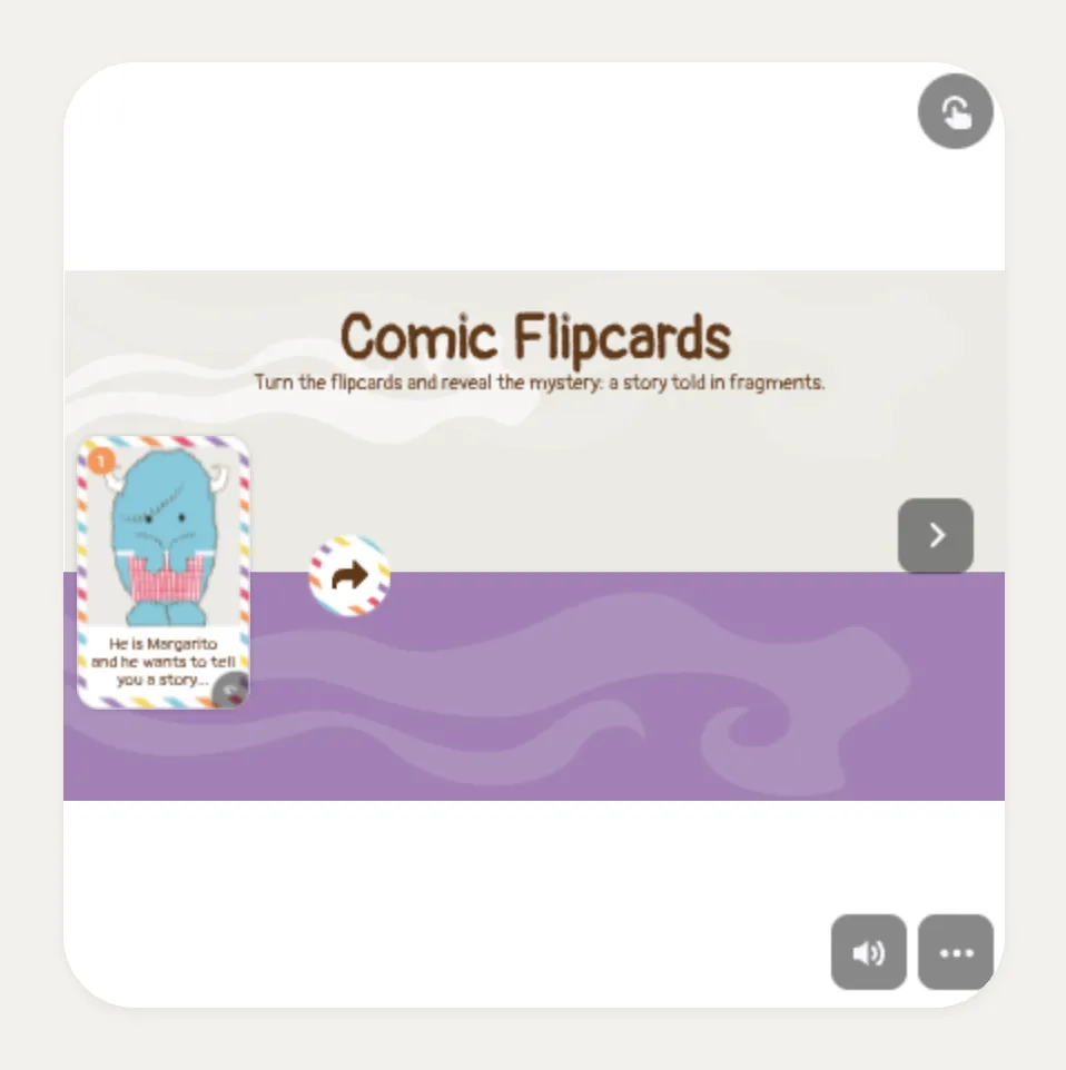 Kasbu Genially card embedding an interactive Comic Flipcards presentation with an illustrated character and navigation arrows