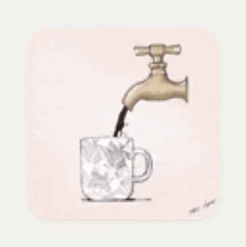 Square Kasbu GIF card with an illustrated tap pouring coffee into a patterned mug