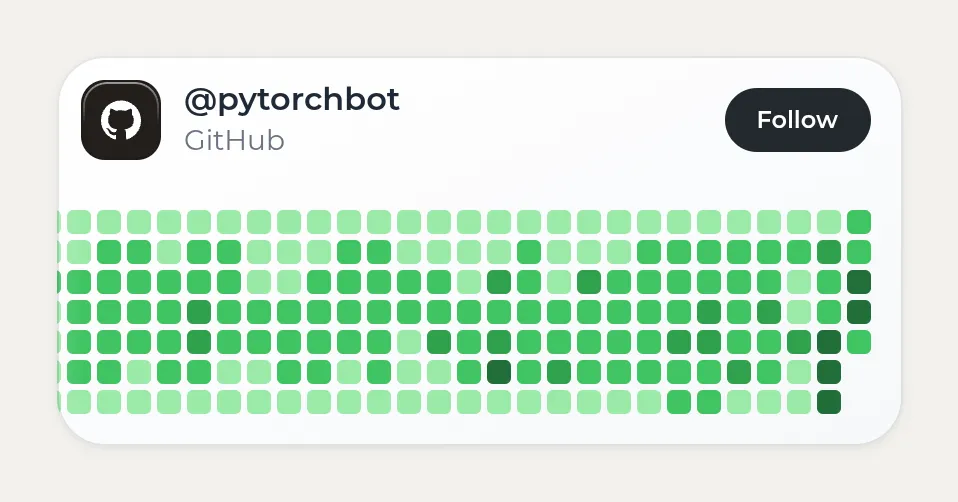 Kasbu GitHub card showing the contribution graph of the public pytorchbot account in shades of green