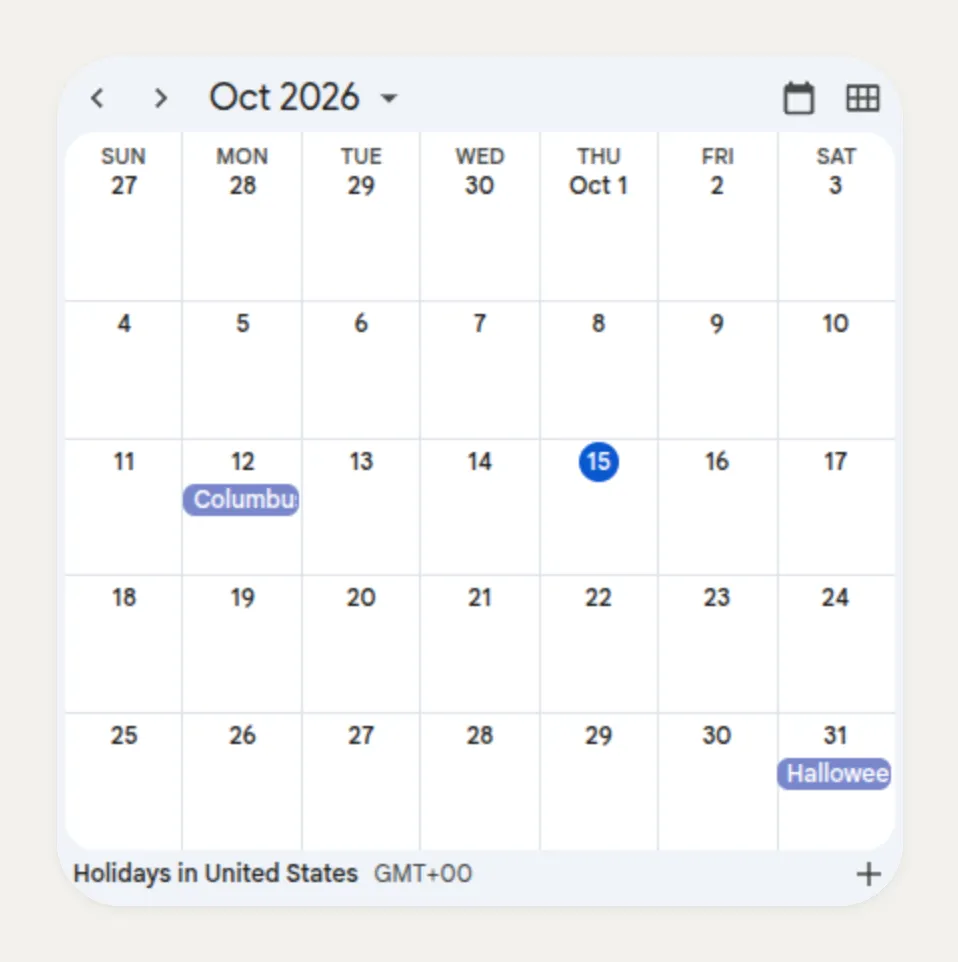 Kasbu Google Calendar card embedding the public Holidays in United States calendar in month view for October 2026