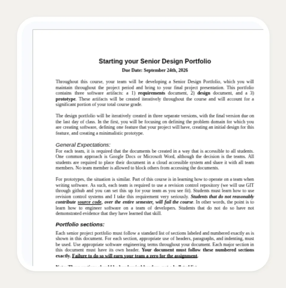 一张嵌入了公开文档 Starting your Senior Design Portfolio 的 Kasbu Google Docs 卡片