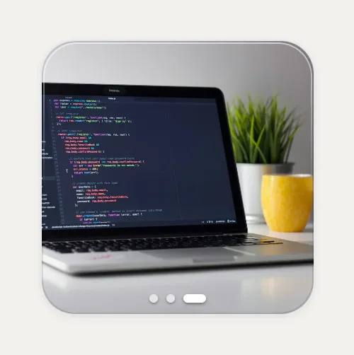 Square Kasbu Image card in carousel mode showing a laptop with code next to a plant and a yellow mug, with three dots for the three photos