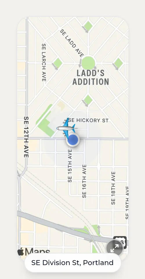 Tall Kasbu Map card with an Apple Maps snapshot of streets in southeast Portland and the label SE Division St, Portland