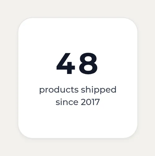 Kasbu Number card showing 48 in large type with the label products shipped since 2017