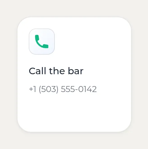 Kasbu Phone card with a green phone icon, the title Call the bar and the number +1 (503) 555-0142