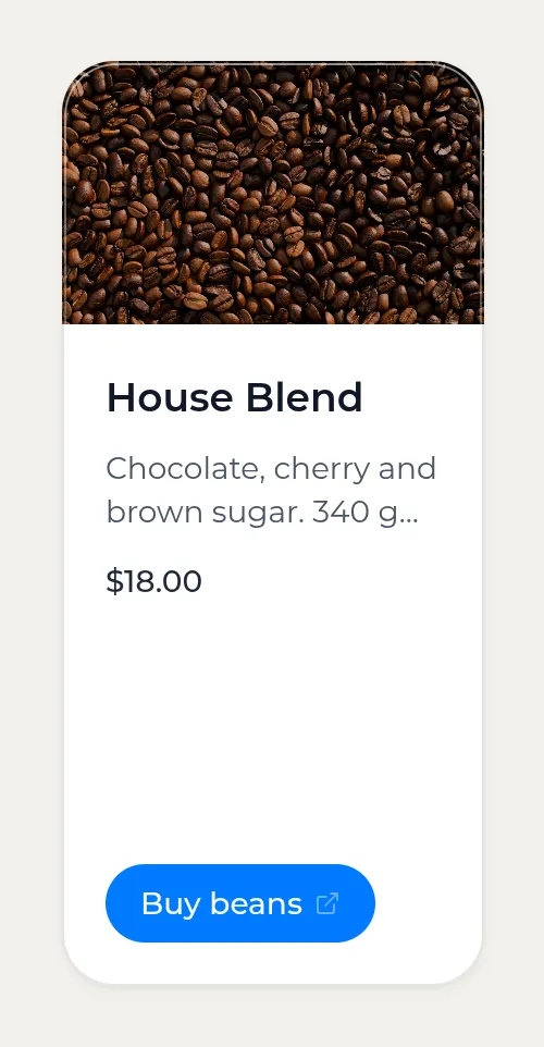 一张竖向的 Kasbu 产品卡片,有烘焙咖啡豆的照片、名称 House Blend、简短描述、18.00 美元的价格和一个 Buy beans 按钮