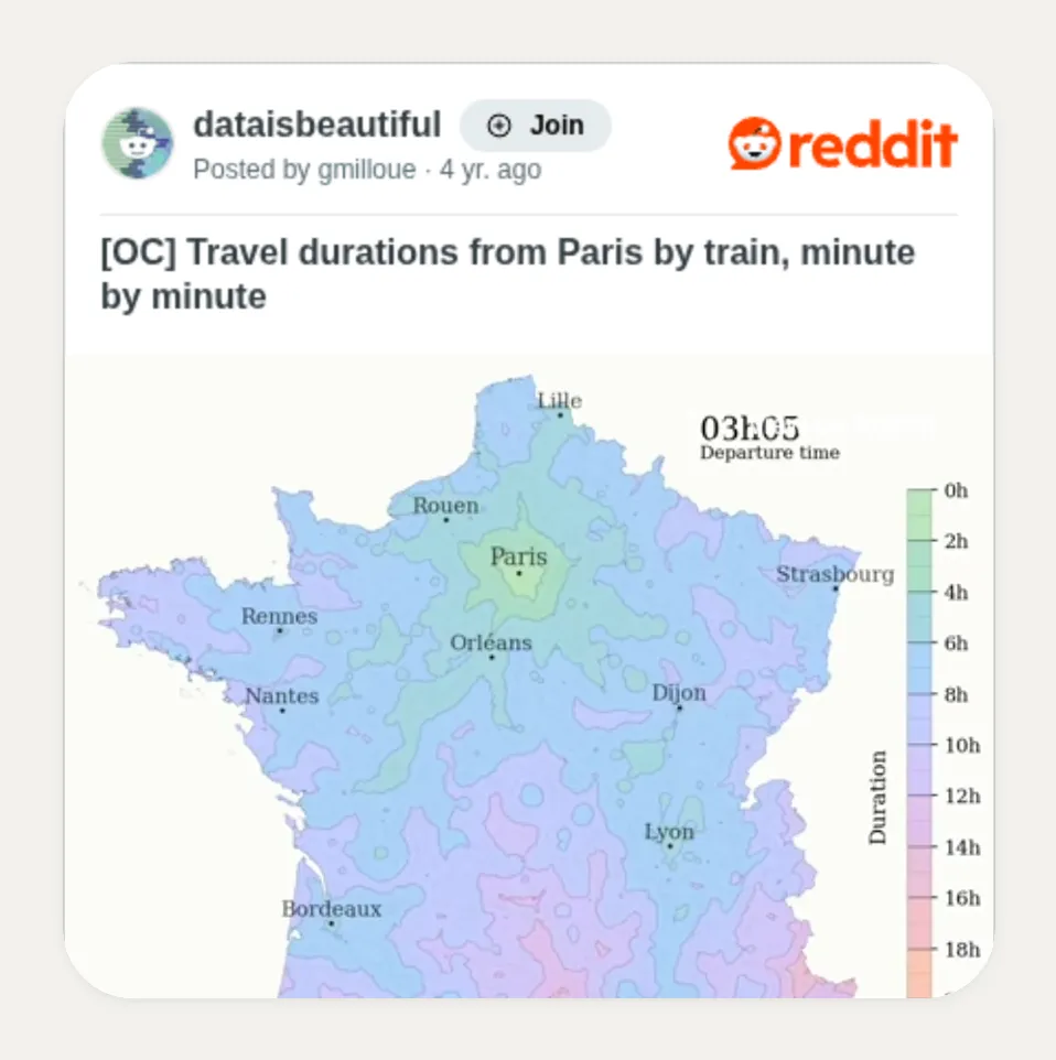 Kasbu Reddit post card embedding an r/dataisbeautiful post with a map of train travel times from Paris