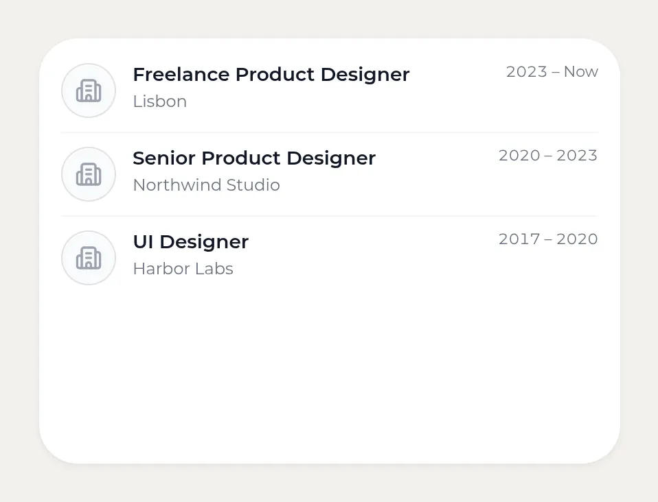 Kasbu Résumé card listing three roles with their dates: Freelance Product Designer, Senior Product Designer at Northwind Studio and UI Designer at Harbor Labs