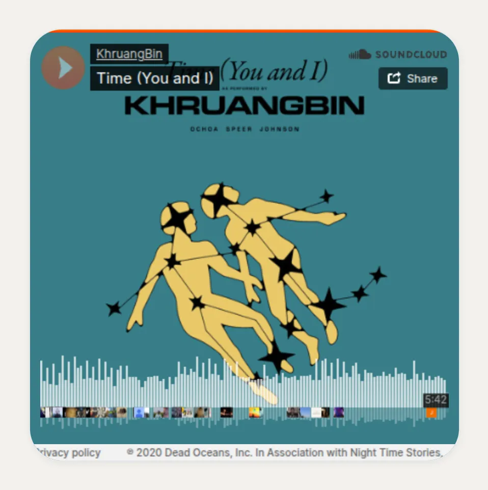 Kasbu SoundCloud card embedding the track Time (You and I) by Khruangbin, with its illustrated artwork and waveform