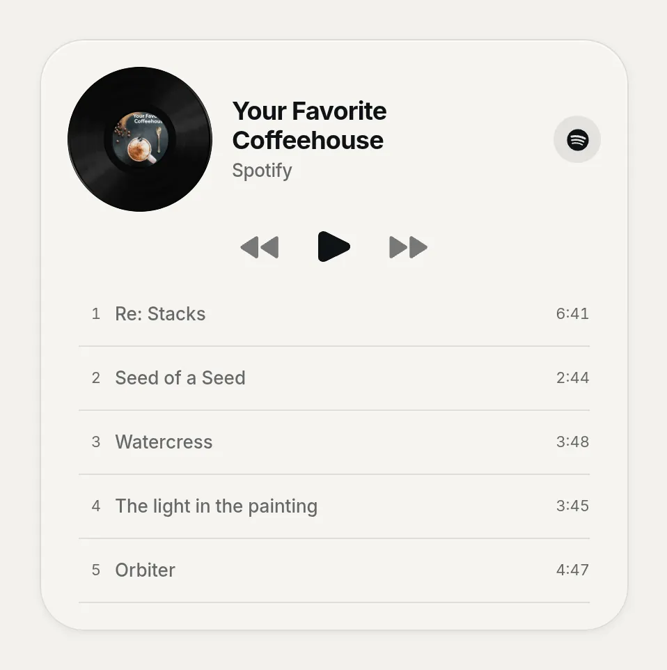 Kasbu Spotify card with the playlist Your Favorite Coffeehouse, its cover on a vinyl record, playback controls and the first five tracks