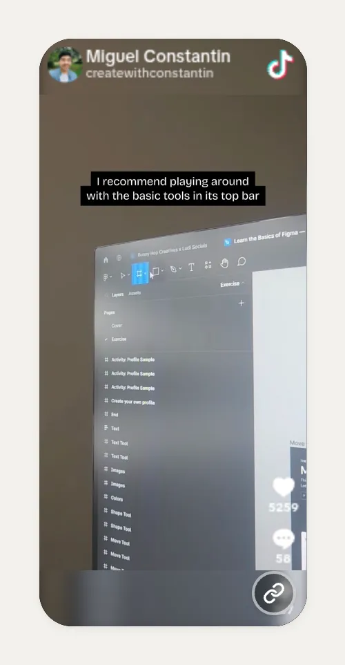 一张竖向的 Kasbu TikTok 卡片,正在播放创作者 createwithconstantin 的 Figma 教程,右侧是点赞数和评论数