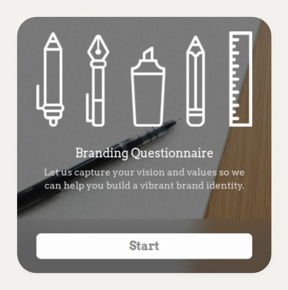 Kasbu Typeform card embedding a Branding Questionnaire form with a Start button