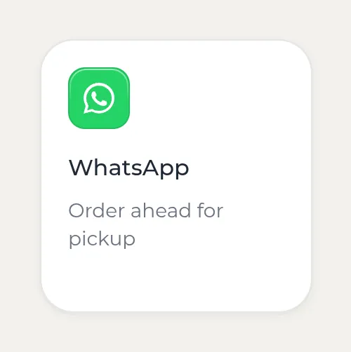 Kasbu WhatsApp card with the green WhatsApp icon, the title WhatsApp and the note Order ahead for pickup