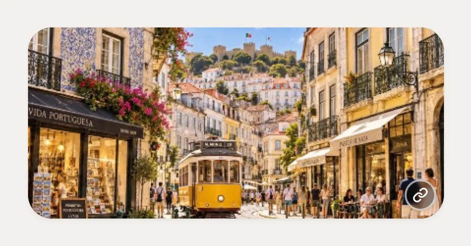 Wide Kasbu YouTube card showing the thumbnail of a Lisbon walking tour video: a yellow tram on a street lined with shops