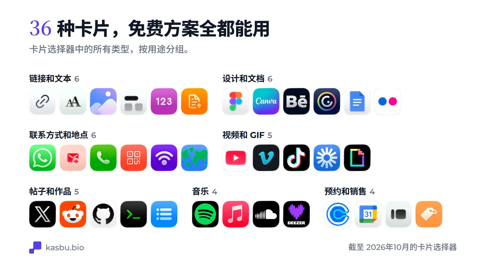 按用途分组的 36 种 Kasbu 卡片：链接和文本、设计和文档、联系方式和地点、视频和 GIF、帖子和工作、音乐、预约和销售
