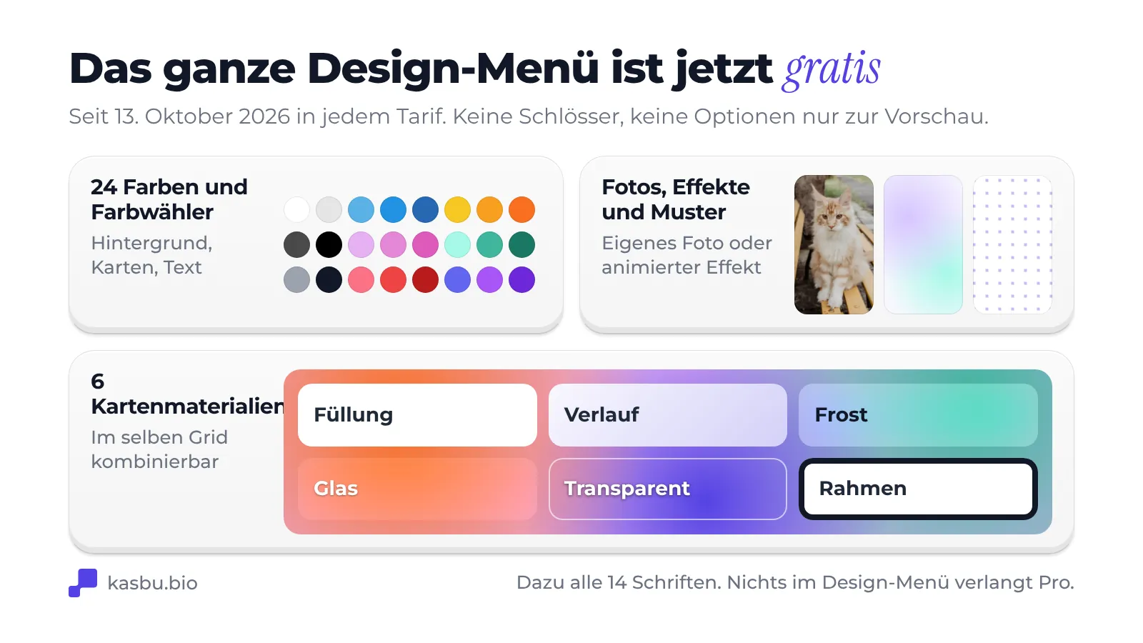 Das Design-Menü ist seit dem 13. Oktober 2026 kostenlos: 24 Farben und ein Farbwähler, Fotohintergründe, animierte Effekte und Muster sowie sechs Card-Materialien namens Füllung, Verlauf, Frost, Glas, Transparent und Rahmen