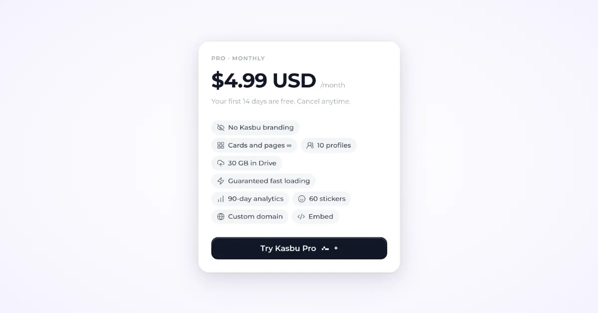 Two plan cards: Free at $0 with 25 cards, 3 pages and every design option, and Pro at $4.99 a month with unlimited cards, 30 GB and no Kasbu badge