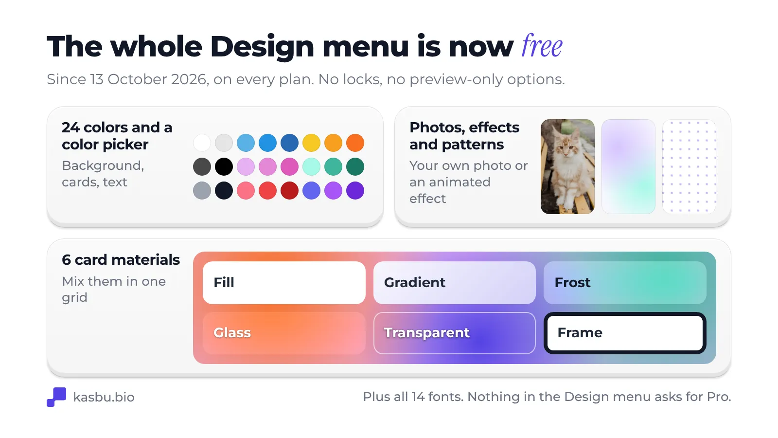 The Design menu is free since 13 October 2026: 24 colors and a color picker, photo backgrounds, animated effects and patterns, and six card materials called Fill, Gradient, Frost, Glass, Transparent and Frame