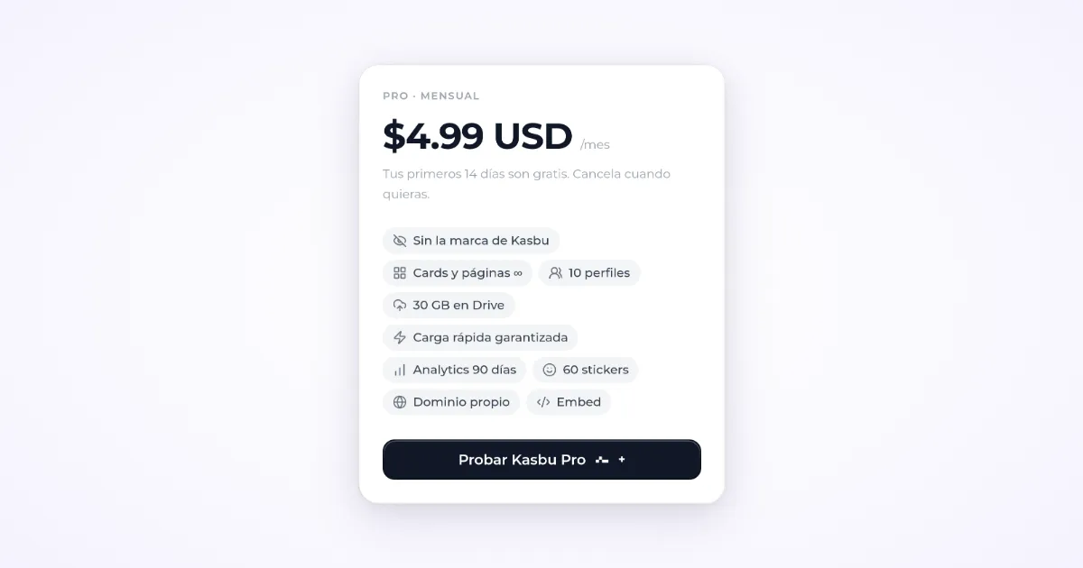 Captura real de la tarjeta del plan Pro mensual en la página de precios de Kasbu: 4,99 USD al mes, sin la marca de Kasbu, cards y páginas ilimitadas, 10 perfiles, 30 GB en Drive, analytics de 90 días, dominio propio y el botón Probar Kasbu Pro