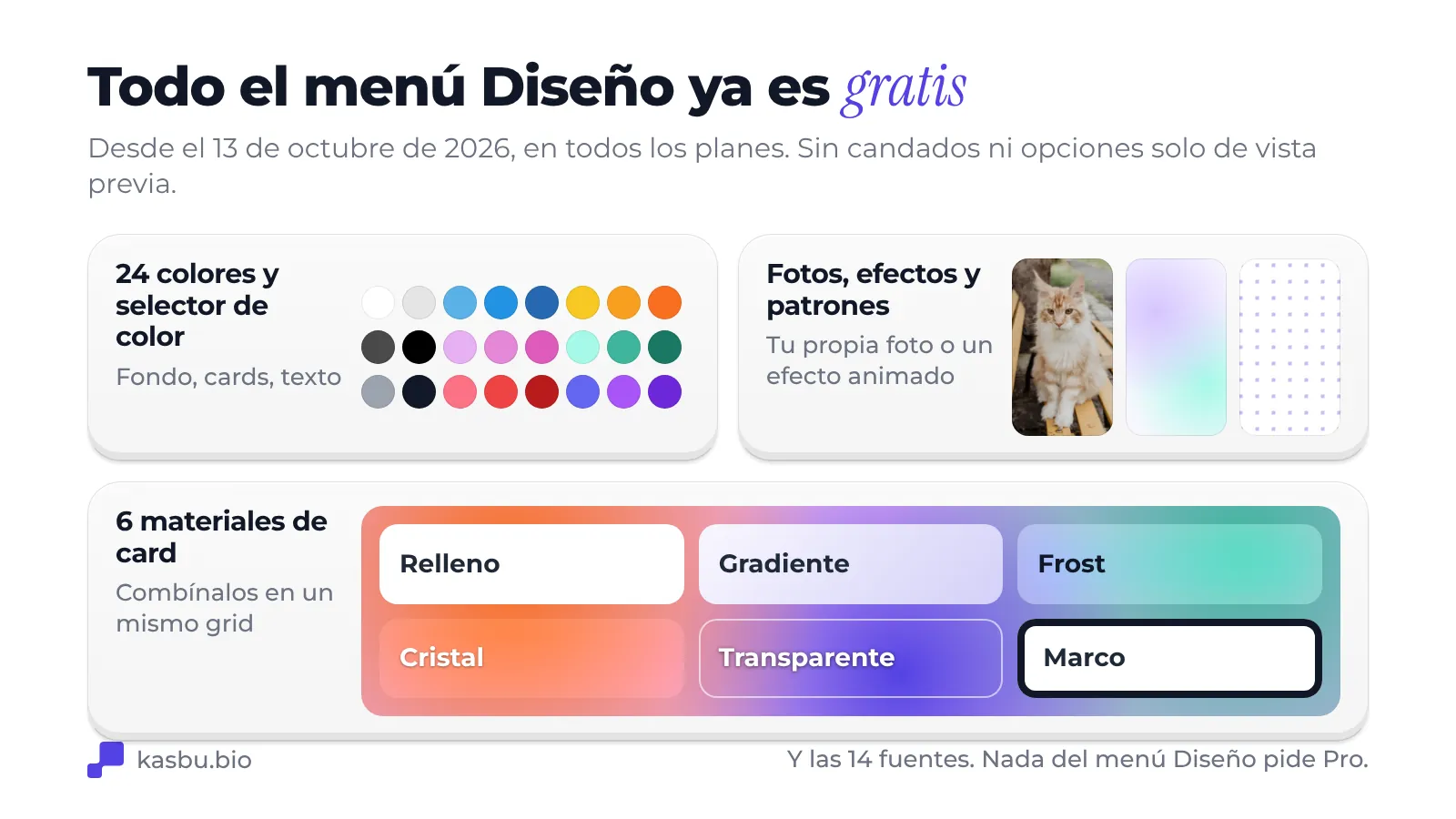 El menú Diseño es gratis desde el 13 de octubre de 2026: 24 colores y un selector de color, fondos con foto, efectos animados y patrones, y seis materiales de card llamados Relleno, Gradiente, Frost, Cristal, Transparente y Marco