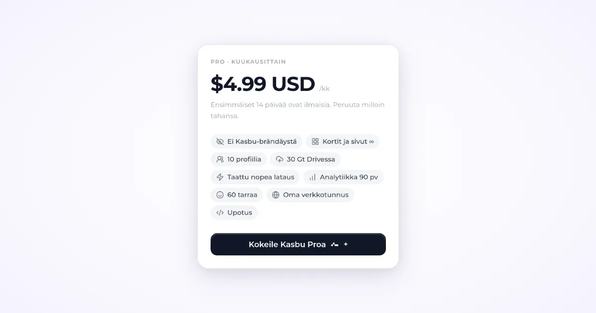 Aito kuvakaappaus Kasbun hinnastosivun kuukausittaisen Pro-tilauksen kortista: 4,99 USD kuukaudessa, ei Kasbu-brändäystä, rajattomasti kortteja ja sivuja, 10 profiilia, 30 Gt Drivessa, 90 päivän analytiikka, oma verkkotunnus ja Kokeile Kasbu Proa -painike