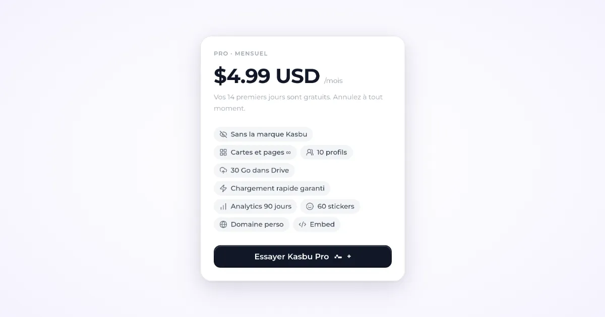 Capture réelle de la carte du forfait Pro mensuel sur la page des tarifs de Kasbu : 4,99 USD par mois, sans la marque Kasbu, cards et pages illimitées, 10 profils, 30 Go dans Drive, statistiques sur 90 jours, domaine personnalisé et le bouton pour essayer Kasbu Pro