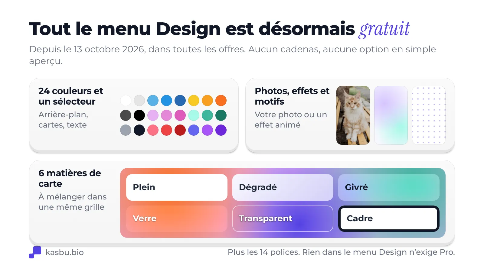 Le menu Design est gratuit depuis le 13 octobre 2026 : 24 couleurs et un sélecteur de couleur, fonds photo, effets animés et motifs, et six matériaux de card appelés Plein, Dégradé, Givré, Verre, Transparent et Cadre