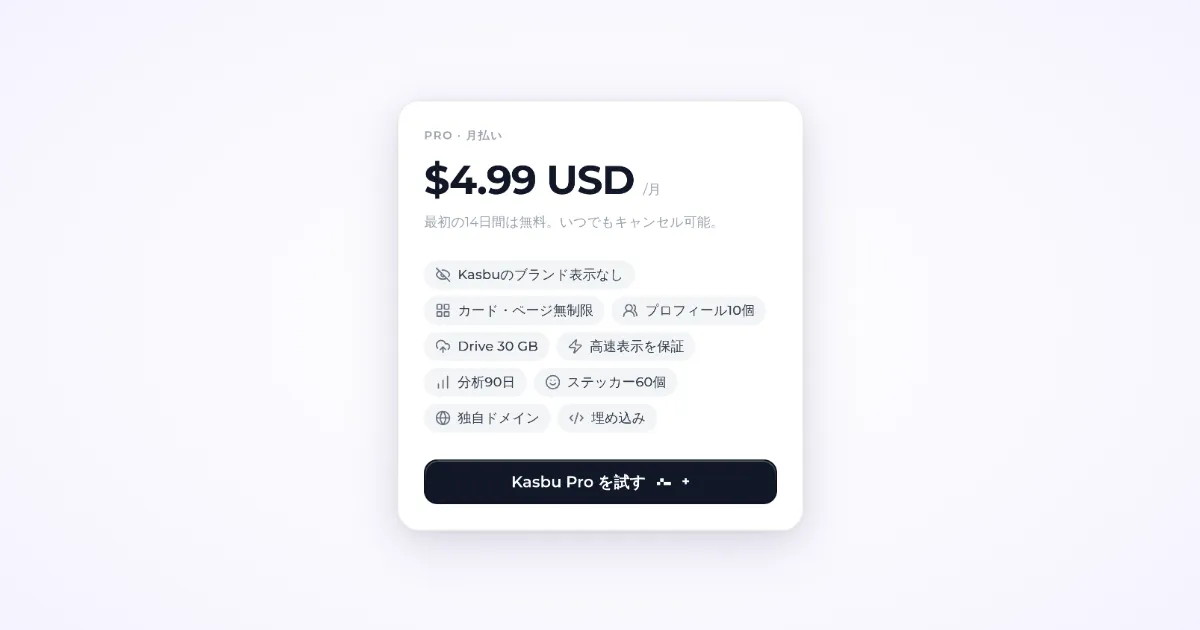 Kasbuの料金ページにあるProの月払いプランカードの実際のスクリーンショット。月4.99 USDで、Kasbuのブランド表示なし、カードとページ無制限、プロフィール10個、Drive 30 GB、90日間の分析、独自ドメイン、そしてKasbu Proを試すボタン
