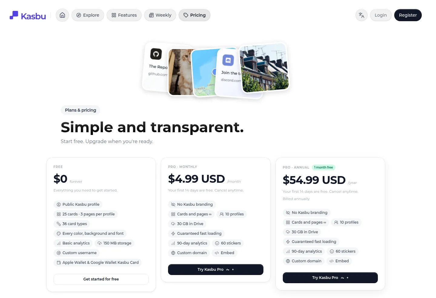 Kasbu pricing page: Free at $0 with 25 cards and 3 pages per profile, 36 card types and every color, background and font; Pro at $4.99 a month or $54.99 a year with no Kasbu branding, unlimited cards and pages, 10 profiles, 30 GB, 90-day analytics, 60 stickers, a custom domain and embed