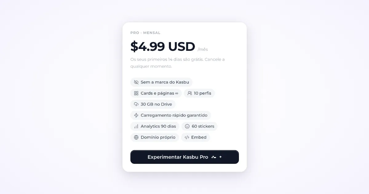 Captura real do cartão do plano Pro mensal na página de preços do Kasbu: US$ 4,99 por mês, sem a marca do Kasbu, cards e páginas ilimitados, 10 perfis, 30 GB no Drive, análises de 90 dias, domínio próprio e o botão Experimentar o Kasbu Pro