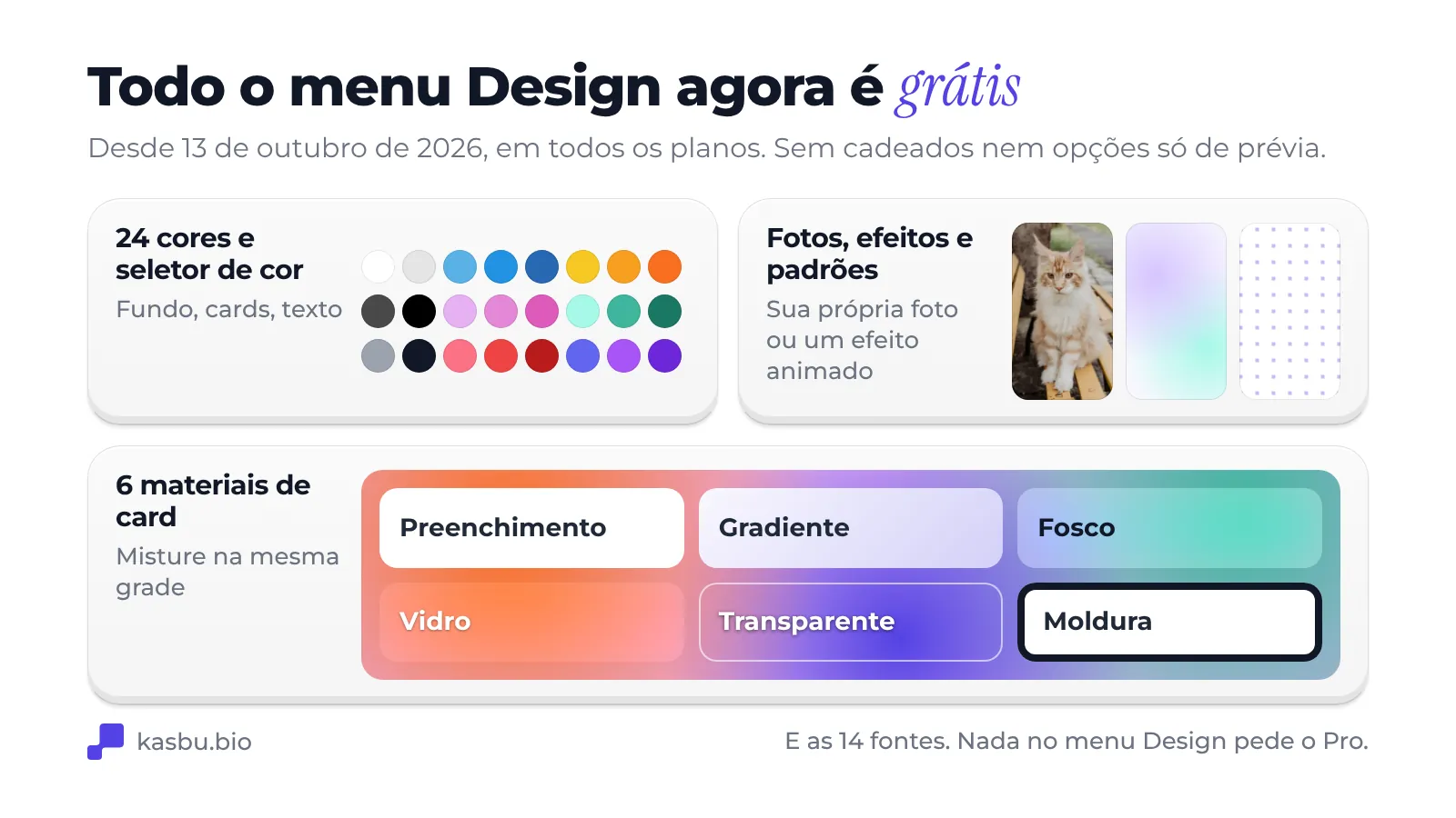 O menu Design é grátis desde 13 de outubro de 2026: 24 cores e um seletor de cor, fundos com foto, efeitos animados e padrões, e seis materiais de card chamados Preenchimento, Gradiente, Fosco, Vidro, Transparente e Moldura