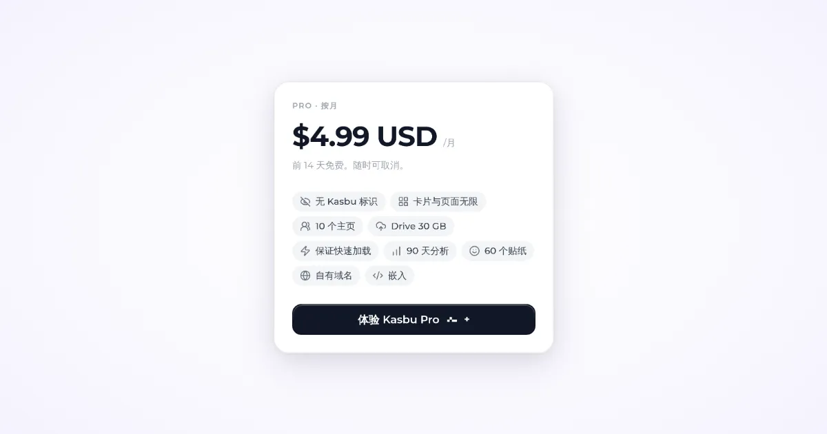 Kasbu 定价页面上 Pro 按月方案卡片的真实截图：每月 4.99 美元，无 Kasbu 标识，不限卡片与页面，10 个主页，Drive 30 GB，90 天分析，自有域名，以及体验 Kasbu Pro 按钮