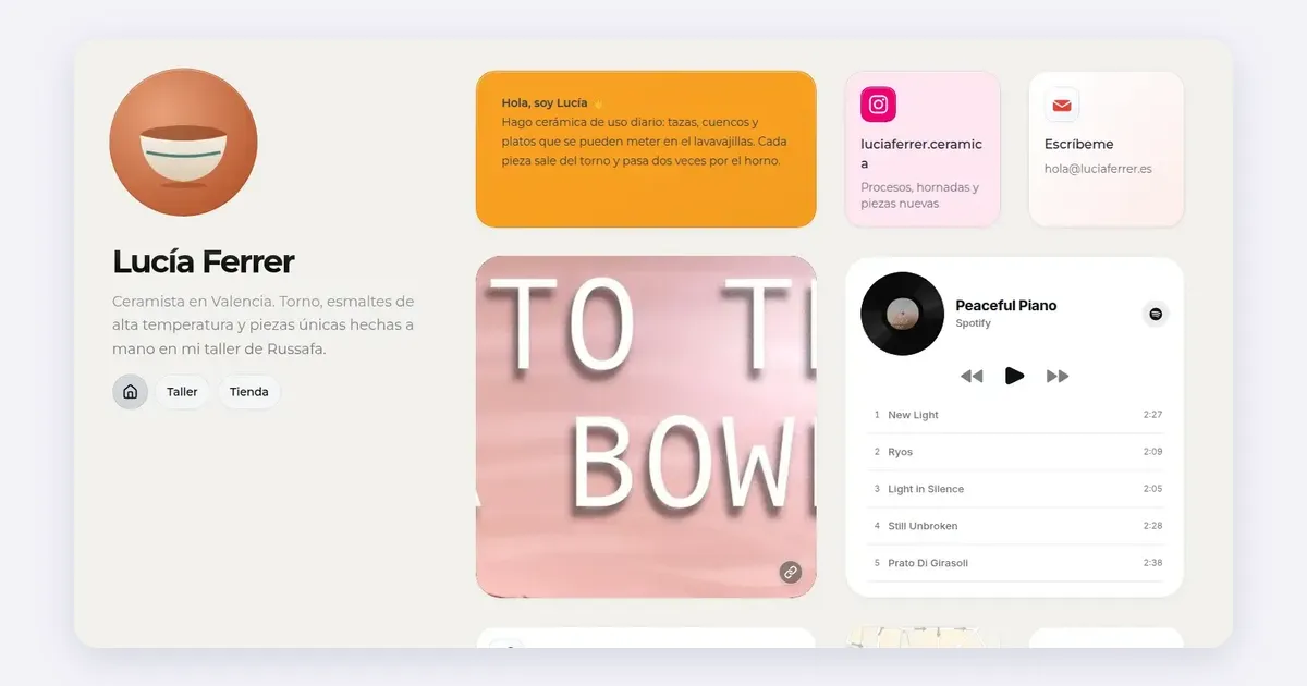 A real Kasbu page of a ceramicist in Valencia: profile photo, bio, a text card, Instagram and email cards, a photo and a Spotify playlist in a grid